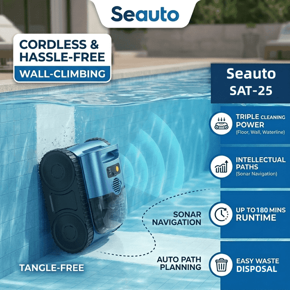 2026 UpgradeCordless Robotic Pool Cleaner with Smart Sonar Navigation  Powerful Suction, Wall & Waterline Climbing, Automatic Cleaning for In-Ground & Above-Ground Pools