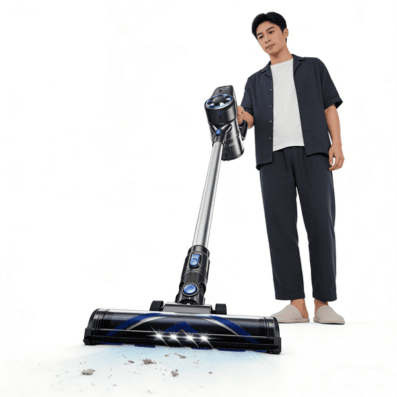 Seauto N3K Blue Silver Cordless Vacuum Cleaner, 2-Mode Powerful Suction, Lightweight Stick Vacuum with LED Motorized Brush, 3-Stage Cyclonic Filtration, Rechargeable 18V Battery