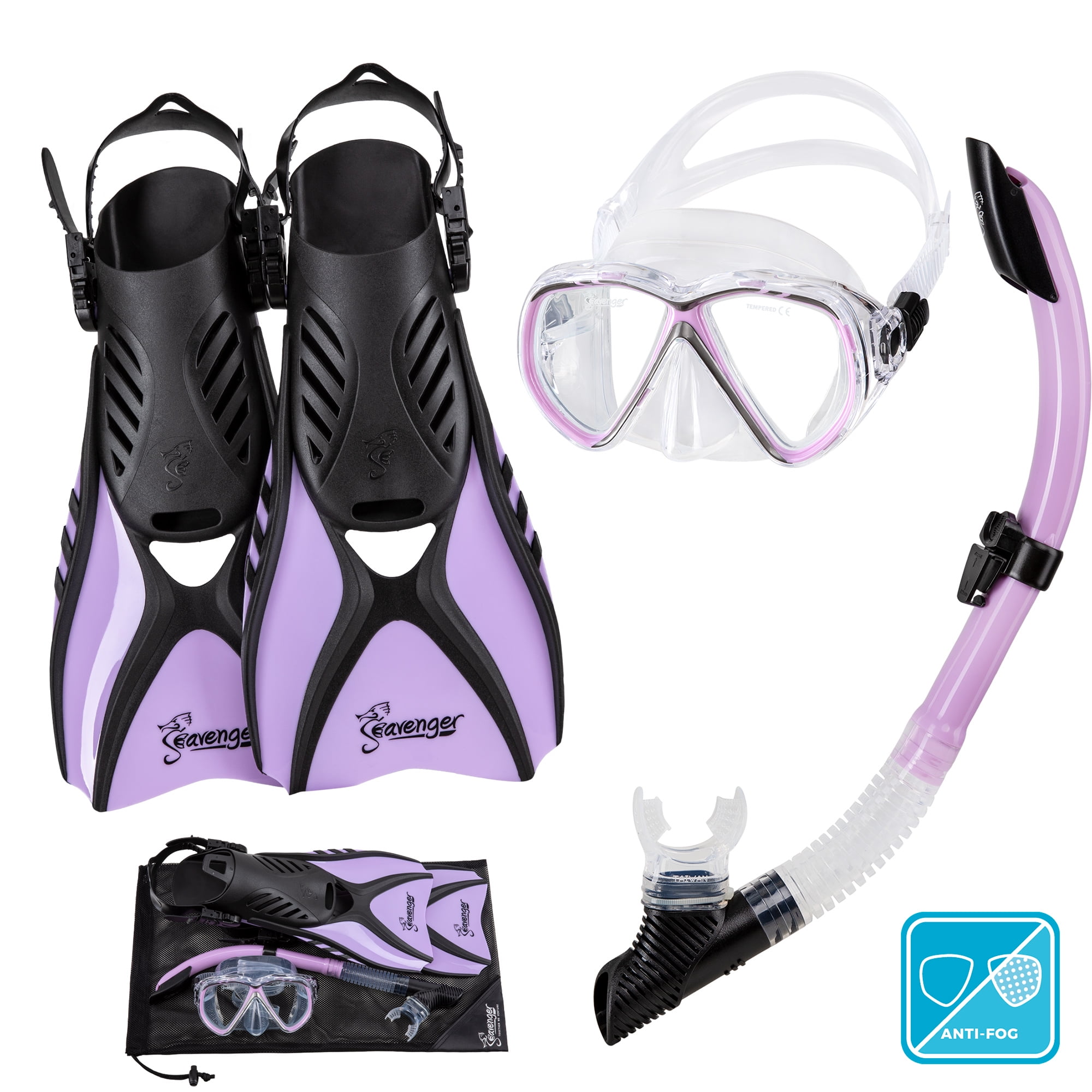Seavenger Hanalei AntiFog 4Piece Snorkeling Set (Soft Lavender, Large)