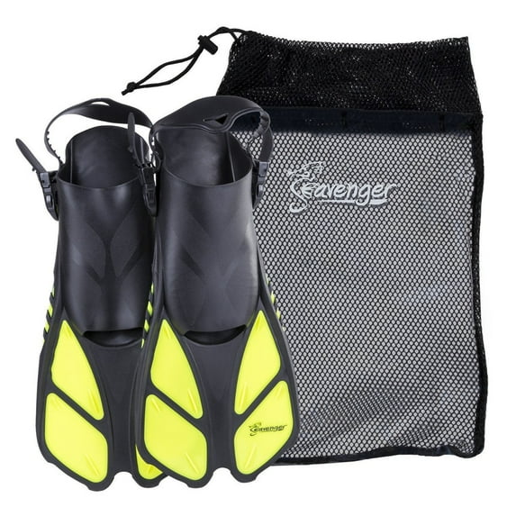 Seavenger Torpedo Swim Fins | Travel Size | Snorkeling Flippers With Mesh Bag For Women, Men And Kids (Neon Yellow, L/XL)