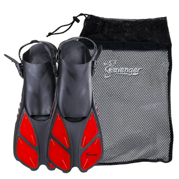 Seavenger Torpedo Swim Fins | Travel Size | Snorkeling Flippers With Mesh Bag For Women, Men And Kids (Red, S/M)