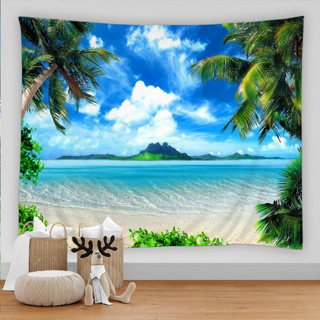 Seaview Room Tapestry Sea Coconut Tree Wall Hanging Beach Tapestries 3D Printed Large Wall Tapestry Boho Hippie Home Decor