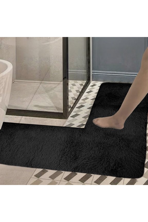 Seavish Shaggy Bathroom Rug, L-Shaped Bath Mat, Non Slip Corner Shower Mat, Water Absorbent Soft Bath Rug, Fluffy Washable Rug Carpet for Square Shower, Tub, Bath Room (Black)