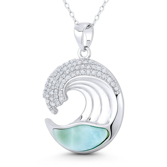Seawave Surfing & Beach-Life Charm Created Chalcedony & Cubic Zirconia CZ Crystal 32x23mm (1.3x0.9in) Pendant & Chain Necklace in .925 Sterling Silver w/ Rhodium