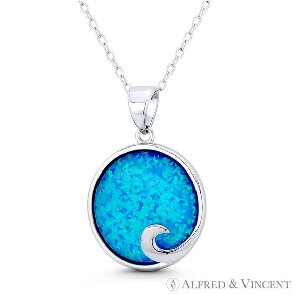 Seawave Surfing & Beach-Life Charm Created Opal 27x19mm (1.1x0.75in) Pendant & Chain Necklace in .925 Sterling Silver w/ Rhodium