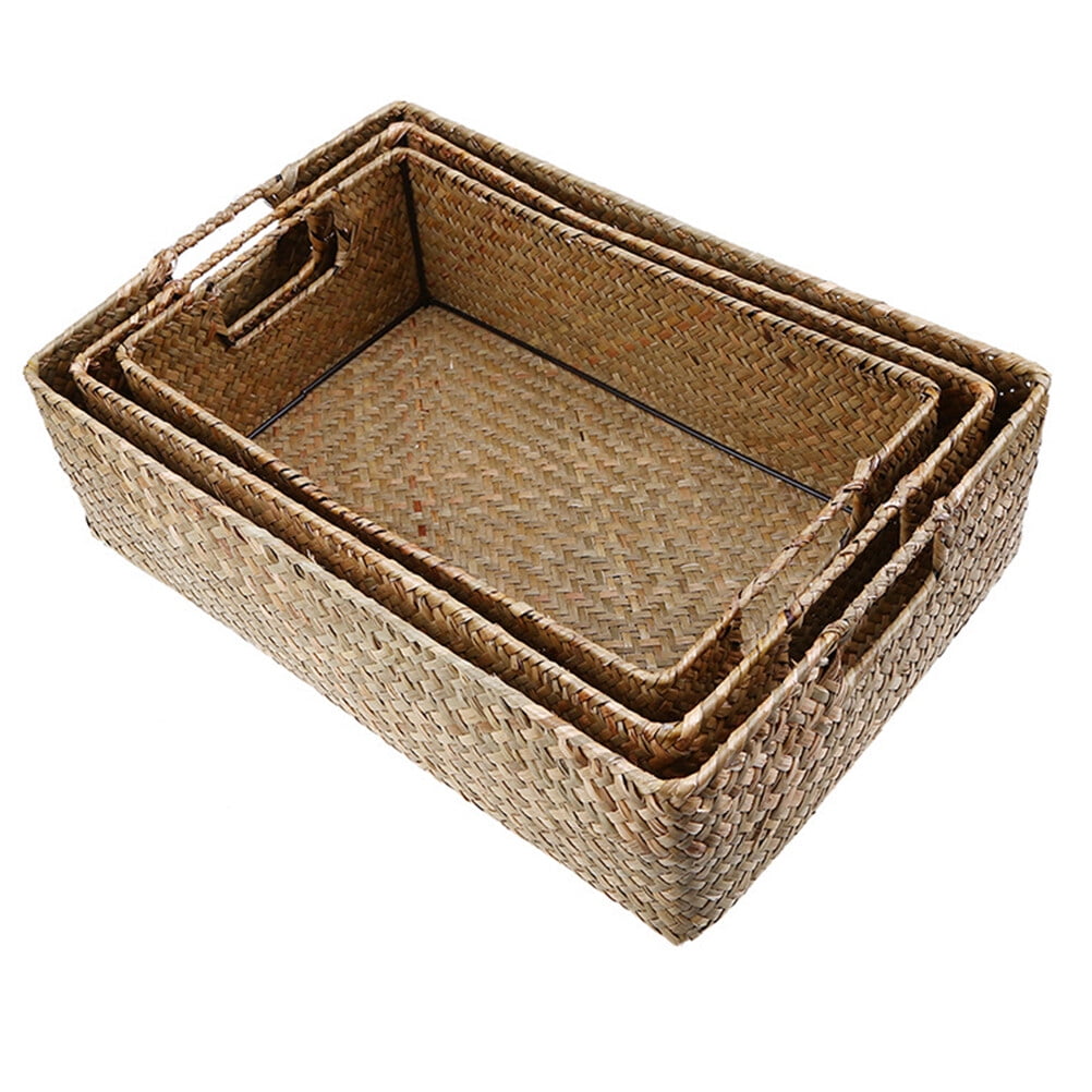 GOOHOCHY Yellow Retro Hand-woven Seaweed Storage Basket with Handle for ...