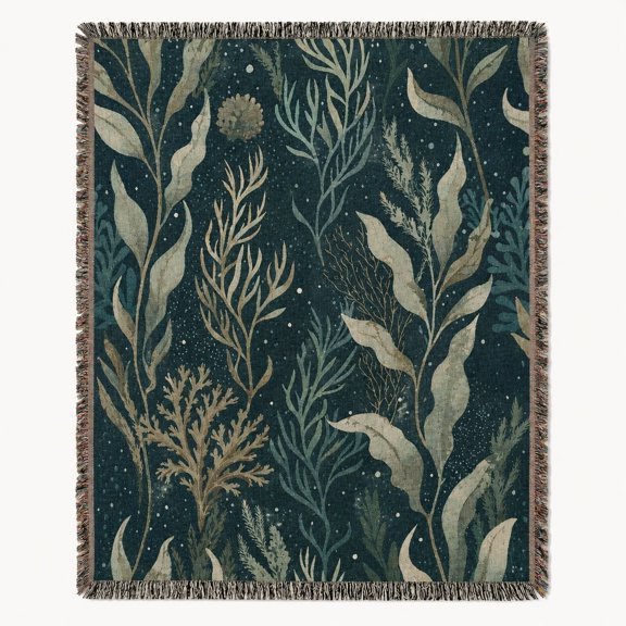 Seaweed Botanical Woven Cotton Throw Blanket with Fringe