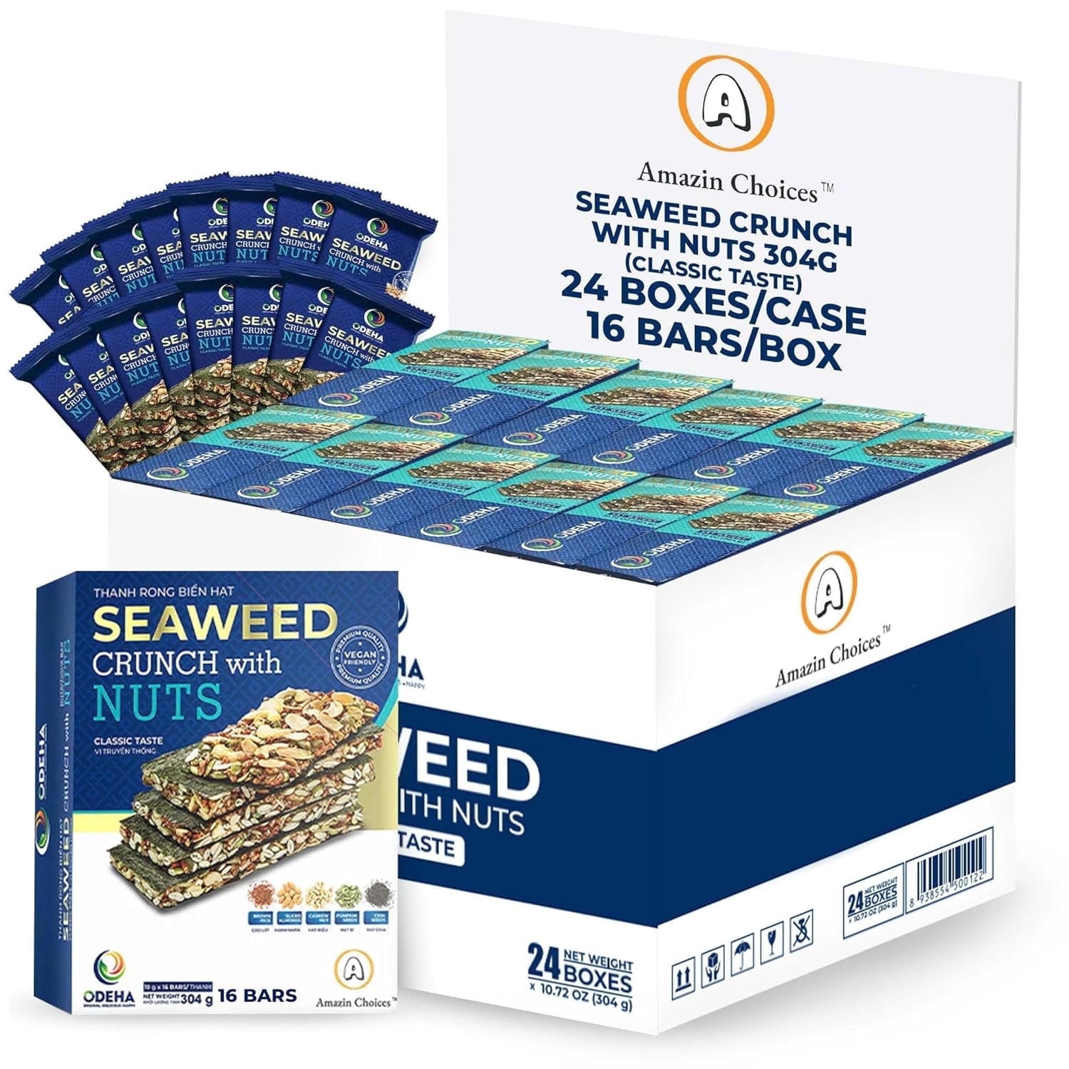 Seaweed Crunch with Nuts Classic Taste– Amazin Choices Vegan Snack Bars with Cashews, Almonds & Pumpkin Seeds – Premium Asian Chips – Seaweed Sheets – Sandwich Seaweed - 1 case ( 10.72oz x 24 boxes )