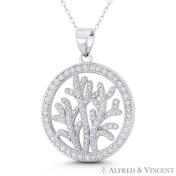 Seaweed Ocean Plantlife CZ Crystal 31x23mm (1.1x0.9in) Pendant & Chain Necklace in .925 Sterling Silver w/ Rhodium