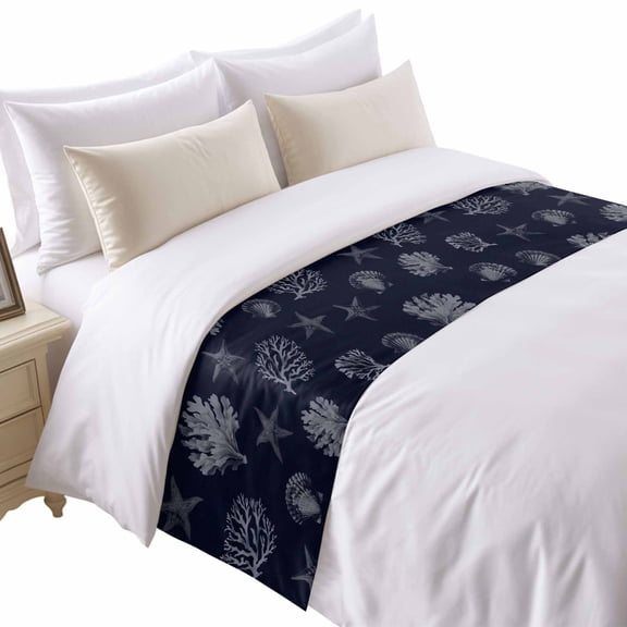 Seaweed Starfish Shell Bed Runner for Queen Size Bed, Nautical Coral Marine Life Black Soft Bedding Scarf Bedding Protector Slipcover Sofa Throw for Bedroom Hotel Guesthouse