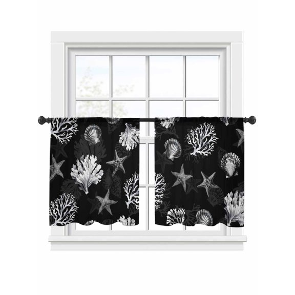 Seaweed Starfish Shell Sheer Curtains 45 inches Long, Gray Coral Marine Life Black Light Filtering Sheer Window Curtains Rod Pocket Voile Drapes for Bedroom Living Room, 2 Panels 52"W x 45"L