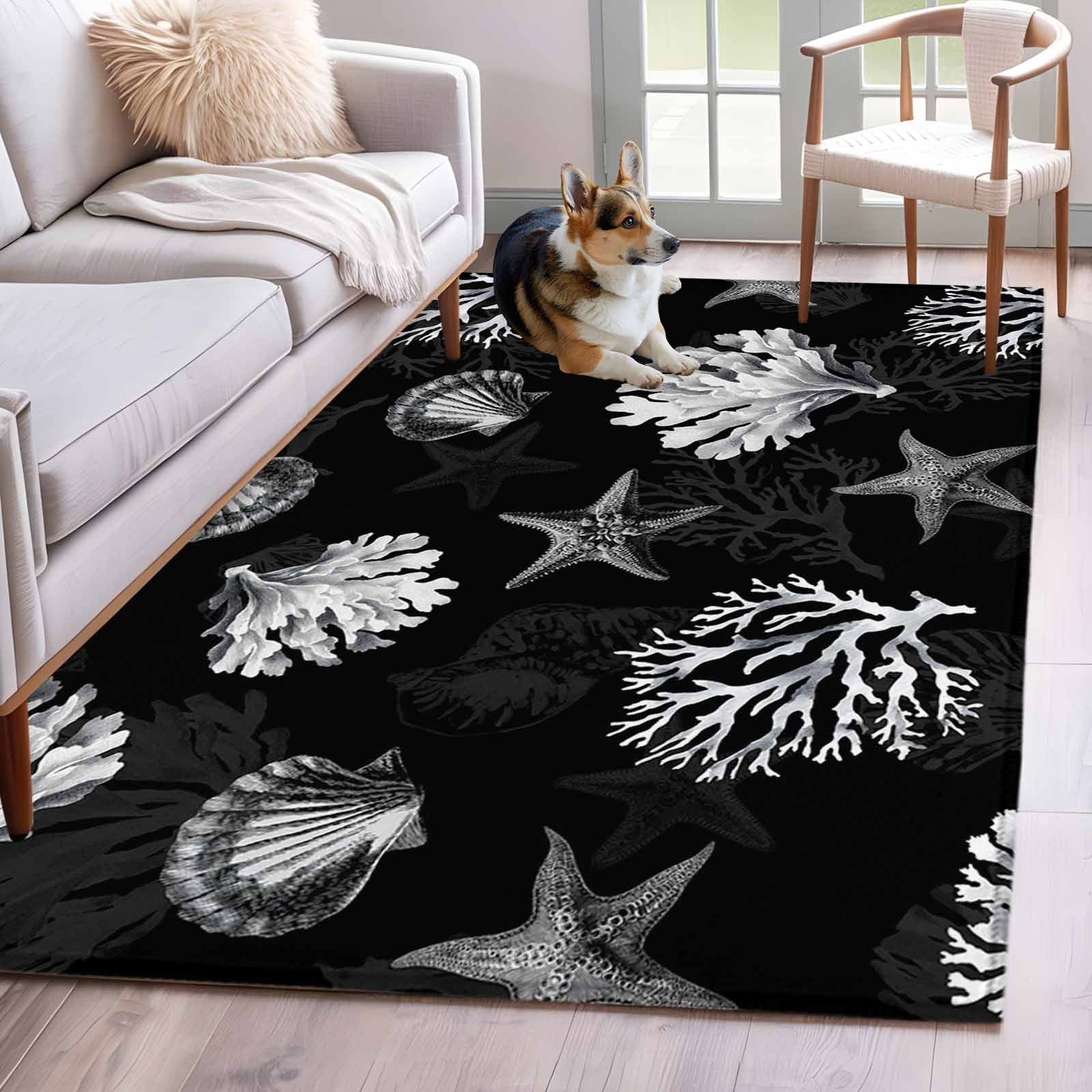 Seaweed Starfish Shell Washable Area Rugs 2.7'x5', Gray Coral Marine ...