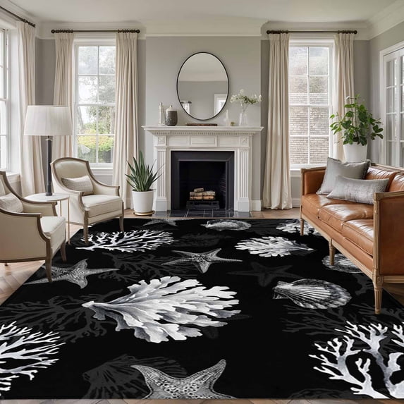 Seaweed Starfish Shell Washable Living Room Rugs 5'x7', Gray Coral Marine Life Black Low Pile Throw Large Area Rugs Non-Slip Sturdy Edge Binding Carpet for Dining Room Bedside Kitchen