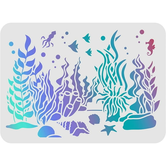 Seaweed Underwater World Stencil - Shell Octopus Seahorse Conch - 11.7x8.3inch - Ocean Creatures Stencil for DIY Making