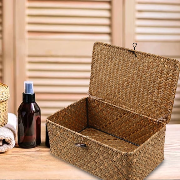 Seaweed Woven Storage Box with Lid for Western Wedding Gifts, Handwoven Rattan Organizer for Home Decor and Versatile Keepsake Display