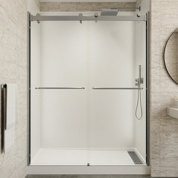 Seawin 44-48 in. W x 76 in. H Verona Light Sliding Bypass Frameless Shower Door - 1/4 in. (6 mm) Clear Tempered Glass with NanoShield Glass Coating (Brushed Nickel)