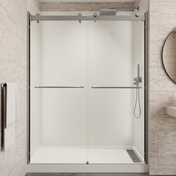 Seawin Verona Light Bypass Sliding Shower Door 56 - 60 in. W x 76 in. H Brushed Nickel Hardware 1/4 inch (6 mm) Thick Clear Glass Brushed Nickel