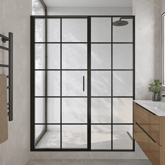 Seawin Axio Gridient 45.25 - 46 x 72 inches Framed Pivot Shower Door 5/16 in. (8 mm) Gridient Printed Mullions Clear Tempered Glass with NanoShield Coating Matte Black