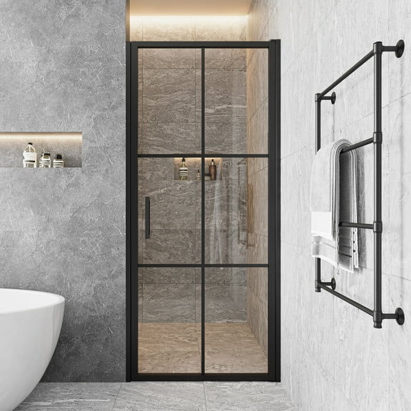 Seawin Axio XTRA Gridient 29.25 - 30 x 72 inches Framed Pivot Shower Door 3/8 in. (10 mm) Gridient Aluminum Mullions Clear Tempered Glass with NanoShield Coating Matte Black