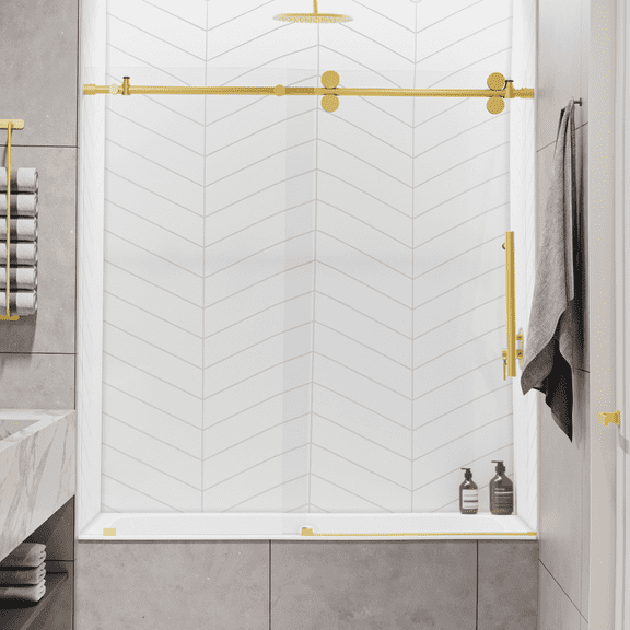 Seawin Briza 56 - 60 x 62 inches Frameless Sliding Bathtub Door 3/8 in. (10 mm) Clear Tempered Glass with NanoShield Coating Satin Gold