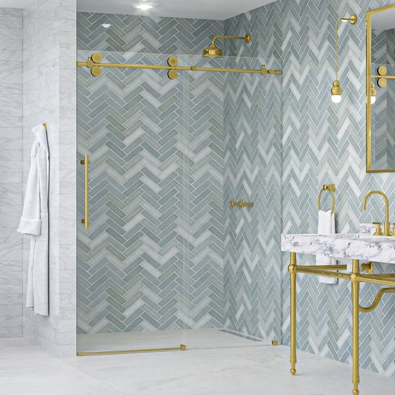 Seawin Cosmo Sliding Shower Door 44 - 48 in. W x 77 in. H Satin Gold Hardware 3/8 inch (10 mm) Thick Clear Glass