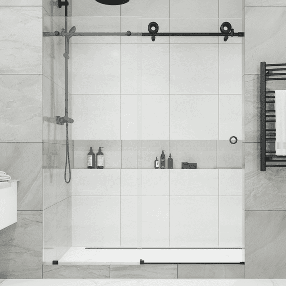 Seawin Crystal Sliding Shower Door 44 - 48 in. W x 78 in. H Matte Black Hardware 3/8 inch (10 mm) Thick Clear Glass Matte Black