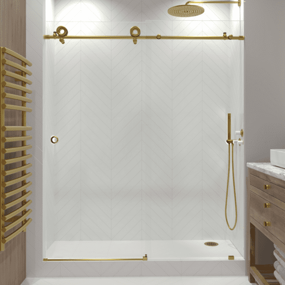 Seawin Crystal 44 - 48 x 78 inches Frameless Sliding Shower Door 3/8 in. (10 mm) Clear Tempered Glass with NanoShield Coating Satin Gold