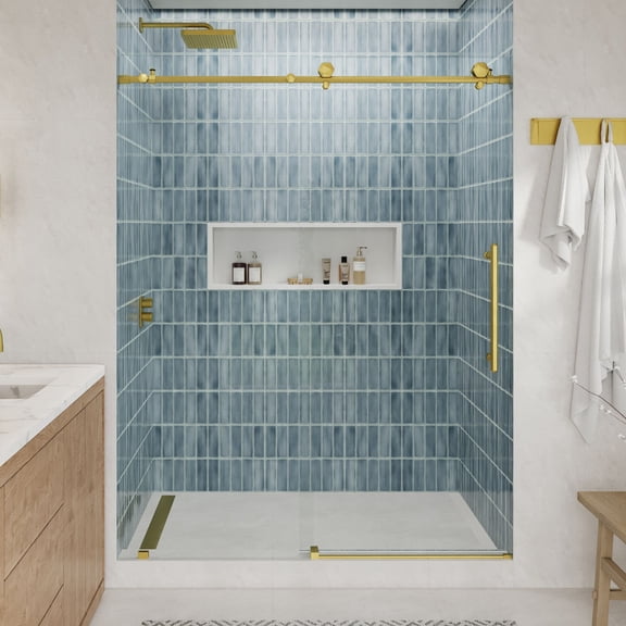 Seawin Diamond Sliding Shower Door 44 - 48 in. W x 76 in. H Satin Gold Hardware 3/8 inch (10 mm) Thick Clear Glass Satin Gold