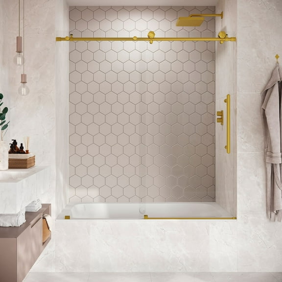 Seawin Diamond 56 - 60 x 62 inches Frameless Sliding Bathtub Door 3/8 in. (10 mm) Clear Tempered Glass with NanoShield Coating Satin Gold