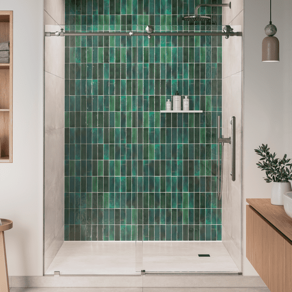 Seawin Diamond Sliding Shower Door 68 - 72 in. W x 76 in. H Brushed Stainless Hardware 3/8 inch (10 mm) Thick Clear Glass Brushed Stainless