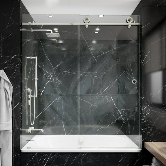 Seawin Hugo 56 - 60 x 62 inches Frameless Sliding Bathtub Door 3/8 in. (10 mm) Clear Tempered Glass with NanoShield Coating Brushed Stainless