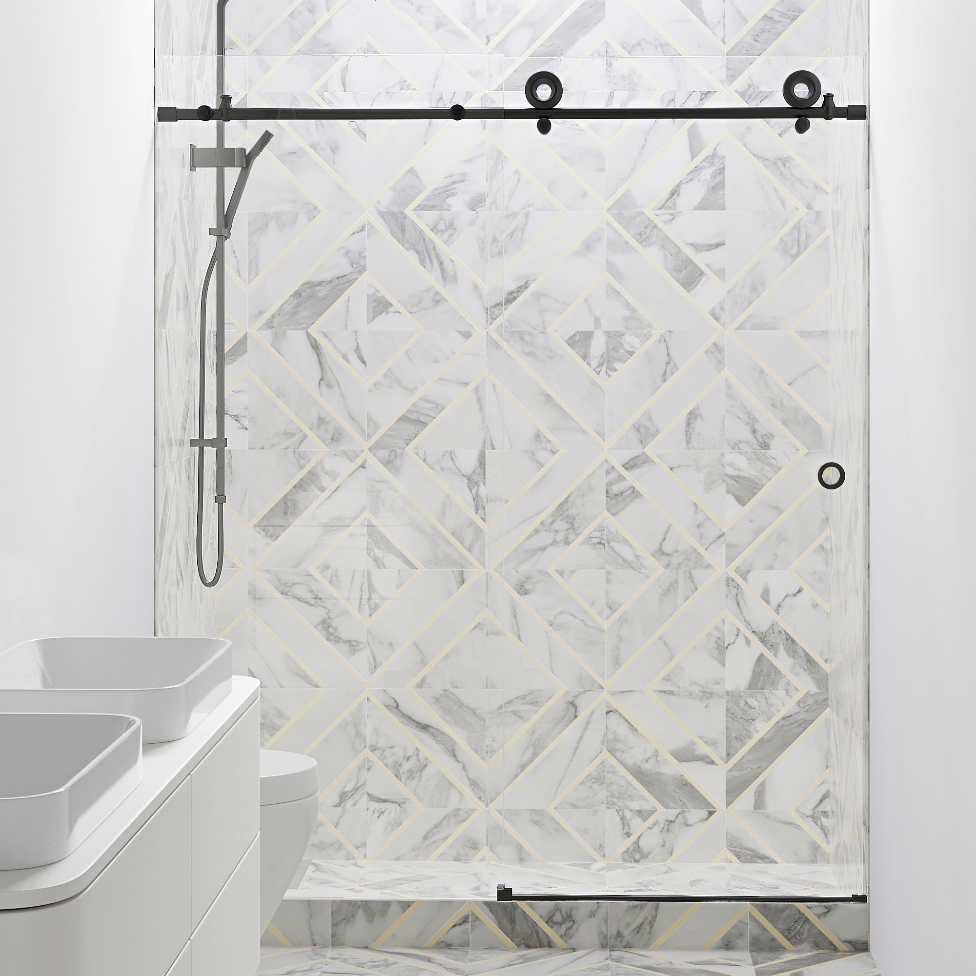 Matte Black Frameless Sliding Shower Door with Clear Tempered Glass, 56-60 x 78 inches
