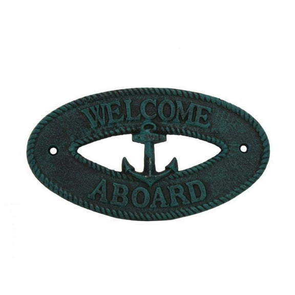 Seaworn Blue Cast Iron Welcome Aboard with Anchor Sign 8" - Metal Wall Plaque - Cast Iron Nautical Decor Sign