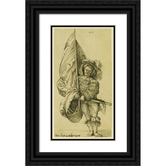 Sebald Beham 10x14 Black Ornate Wood Framed Double Matted Museum Art Print Titled: A Standard Bearer (1519)