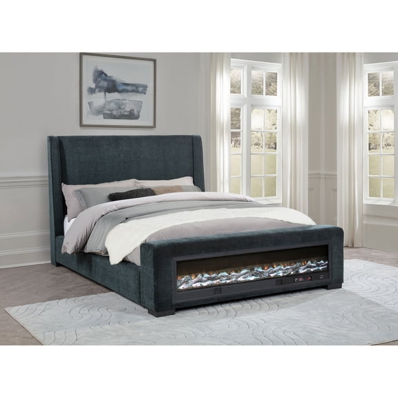 Sebastian Dark Blue Upholstered Eastern King Audio Flame Visualizer Bed