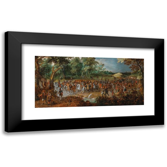 Sebastian Vrancx 14x9 Black Modern Framed Museum Art Print Titled - A Procession of Soldiers on Horseback at the Entrance of a Forest