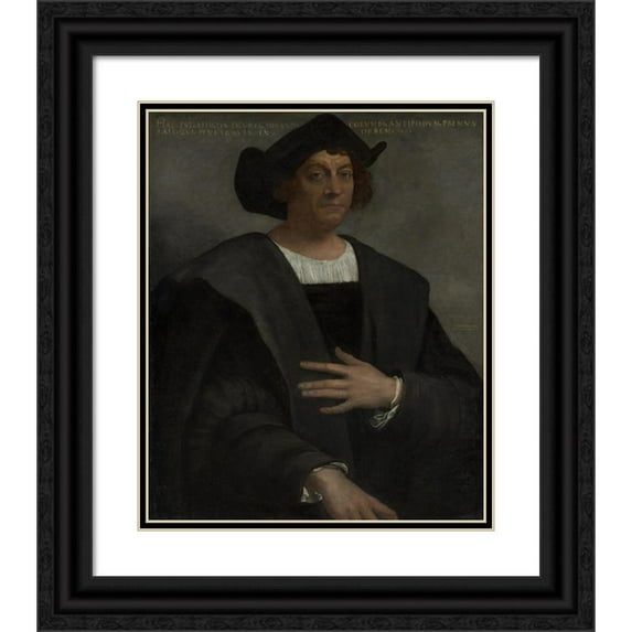 Sebastiano del Piombo 12x14 Black Ornate Wood Framed Double Matted Museum Art Print Titled: Portrait of a Man, Said to Be Christopher Columbus (Born About 1446, Died 1506) (1519)