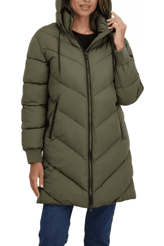 Juniors' 3/4 Puffer Jacket with Hood - Olive Medium