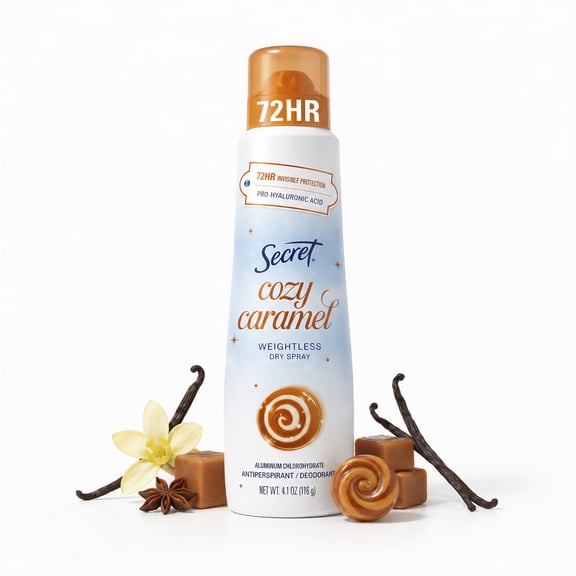 Secret Antiperspirant Dry Spray Deodorant, 72HR, Holiday, Cozy Caramel, 4.1oz