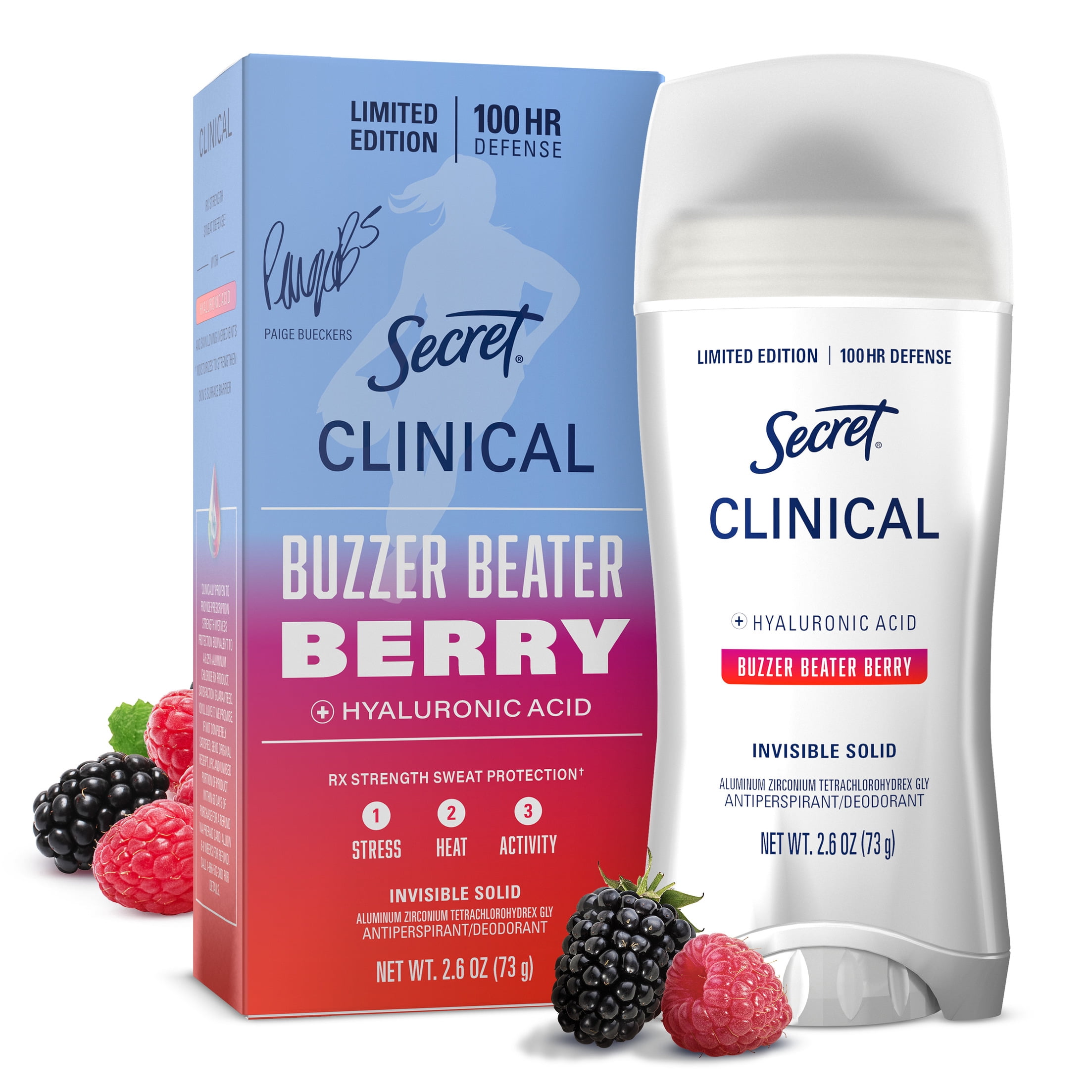 Secret Clinical Strength 100HR Hyaluronic Acid Antiperspirant Deodorant for Women, Invisible Solid, Paige Bueckers Buzzer Beater Berry, 2.6 oz
