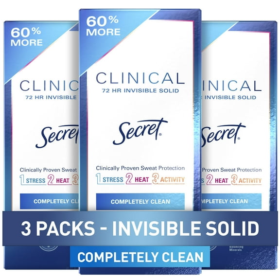 Secret Clinical Strength Invisible Solid Antiperspirant and Deodorant for Women, Completely Clean, 2.6 oz Pack of 3
