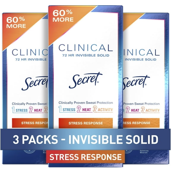 Secret Clinical Strength Invisible Solid Antiperspirant and Deodorant for Women, Stress Response, 2.6 oz 3 Pack