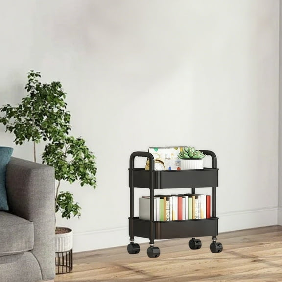 Secfreeship 2-Tier Plastic Rolling Utility Cart with Handle, Multi-Functional Storage Trolley for Office, Living Room, Kitchen, Movable Storage Organizer with Wheels, Black(12.6"x8.6"x17.1")
