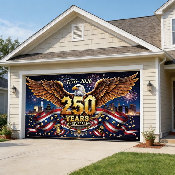 Secfreeship 250th USA Anniversary Patriotic Garage Door Flag, Heavy Duty Polyester Reinforced Banner, Fade Resistant Waterproof Outdoor 4th Of July Holiday Decor, 157.4x72.8in