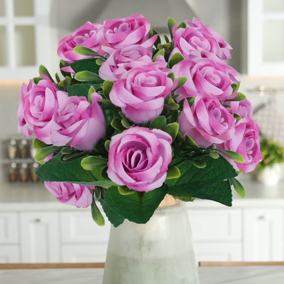 Secfreeship 8.6" Tall Artificial Flower Bridal Bouquet, Hot Pink Fake Wedding Flowers with Foliage, Lifelike Home Decor Centerpiece for Party Table, Silk Peony Rose Arrangement