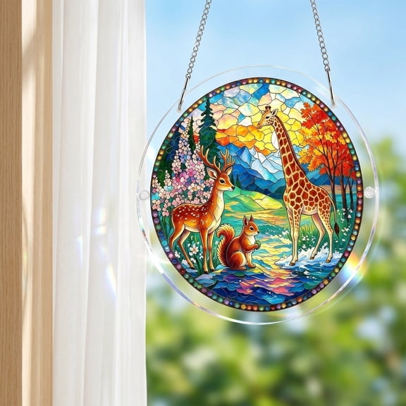 Secfreeship Acrylic Suncatcher Puzzle Kit, Forest Animal Stained Glass Style Window Hanging Decor, DIY 83-Piece Sun Catcher for Home, Garden, and Gifting Use