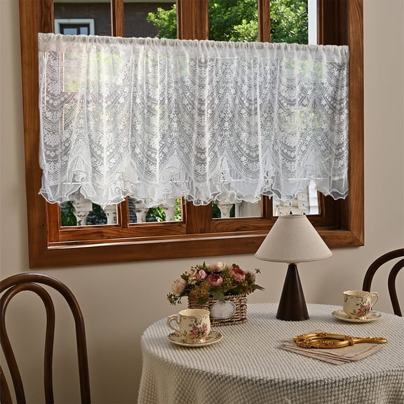 Secfreeship Arched Lace Curtain Valance 59x21.65 Inch, Semi Sheer Chiffon with Embroidery, Rod Pocket Window Treatment for Door Kitchen Living Room