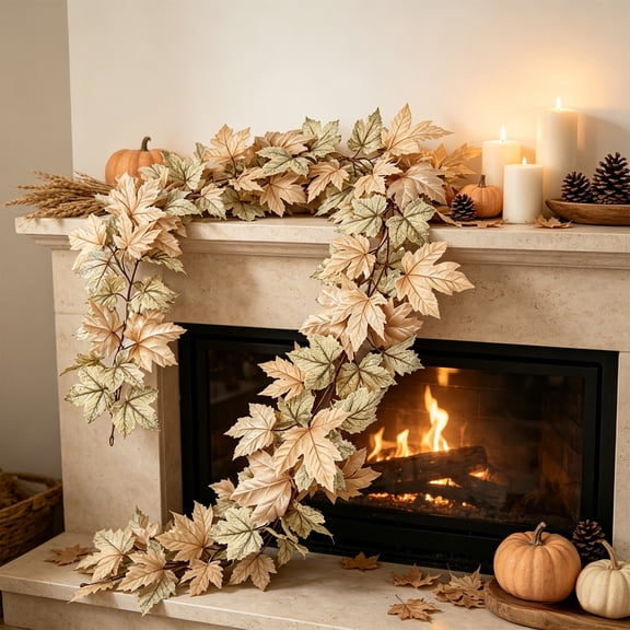 Secfreeship Artificial Maple Leaf Garland with Neutral Color Palette, Durable Plastic Fall Vine, Bendable Seasonal Hanging Decor for Thanksgiving Harvest and Autumn Home Display