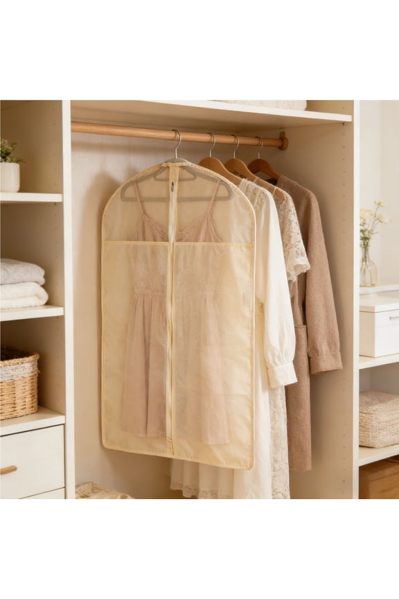 Beige Cotton Garment Bags, Breathable Washable Clothing Storage Covers, Reusable Zippered Dress Protector with Clear Window & Reinforced Hanger Opening for Home Closet Storage