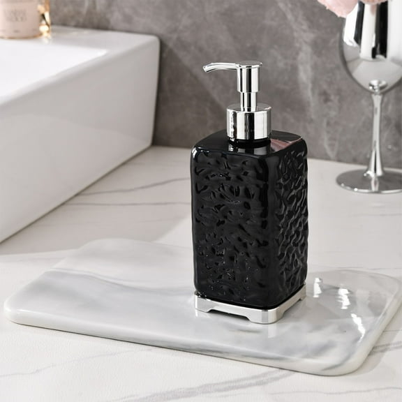 Secfreeship Black Textured Hand Soap Dispenser, Refillable Liquid Pump Bottle, 450ml Bathroom Kitchen Lotion Holder, Modern Decorative Countertop Container For Bathroom Vanity Restroom